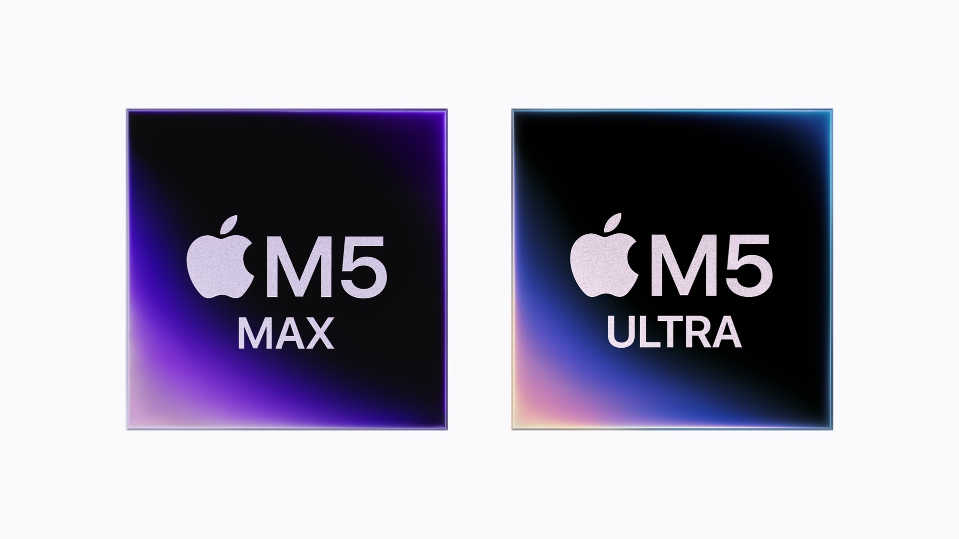 Chip Apple M5 Max và M5 Ultra trên nền gradient xanh tím